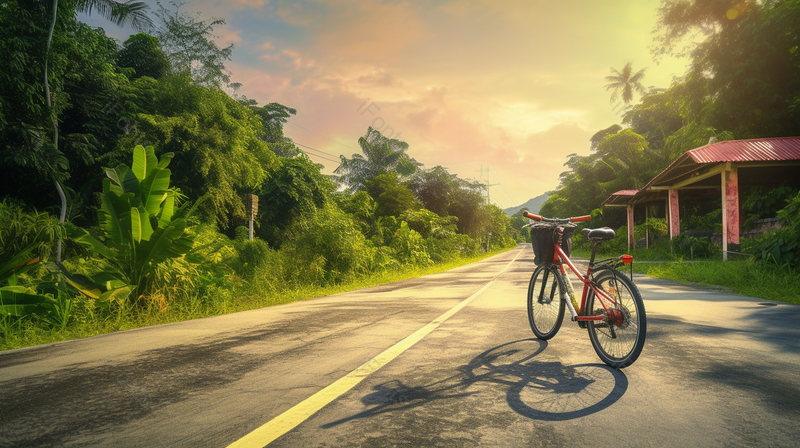 阳光下自行车脚踏车停靠在荒凉安静的马路旁边上摄影背景,高清,摄影图,摄影图片,图片大全,摄影图免费下载